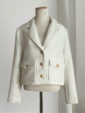 Rachel Zoe White Ivory Tweed Cropped Blazer Jacket with Gold Buttons